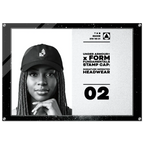 A framed black-and-white promotional print featuring a woman wearing a black Under Armour cap, with text reading 'FORM FUNDAMENTALS STAMP CAP: SIGNATURE IMPRINTED HEADWEAR' and the number 02.