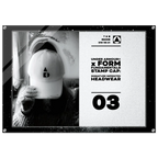 A framed monochrome promotional print or poster featuring a person in a white cap holding it in front of their face, alongside large black text reading 'UNDER ARMOUR x FORM FUNDAMENTALS STAMP CAP' and '03'. The frame has visible corner hardware and is shown against a plain white background.