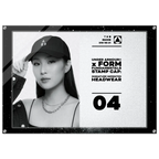 A rectangular black-framed print or poster featuring a black-and-white portrait of a woman in a cap, alongside text reading 'UNDER ARMOUR x FORM FUNDAMENTALS STAMP CAP: SIGNATURE IMPRINTED HEADWEAR' and the number '04'.