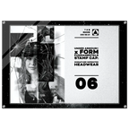 A square black acrylic stamp cap featuring a split design: one side shows a black-and-white photo of a woman broken by a spiderweb graphic overlay, and the other side displays text including 'UNDER ARMOUR x FORM FUNDAMENTALS STAMP CAP', 'SIGNATURE IMPRINTED HEADWEAR', and '06'.