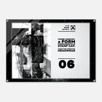 A rectangular acrylic wall art print with a black frame and silver corner hardware, featuring a black-and-white graphic design with text reading 'UNDER ARMOUR x FORM FUNDAMENTALS STAMP CAP: SIGNATURE IMPRINTED HEADWEAR' and the number '06'.