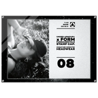 A framed black and white stamp cap design featuring a grayscale photo of a woman lying in grass, alongside text reading 'UNDER ARMOUR x FORM FUNDAMENTALS STAMP CAP: SIGNATURE IMPRINTED HEADWEAR' and the number '08'.