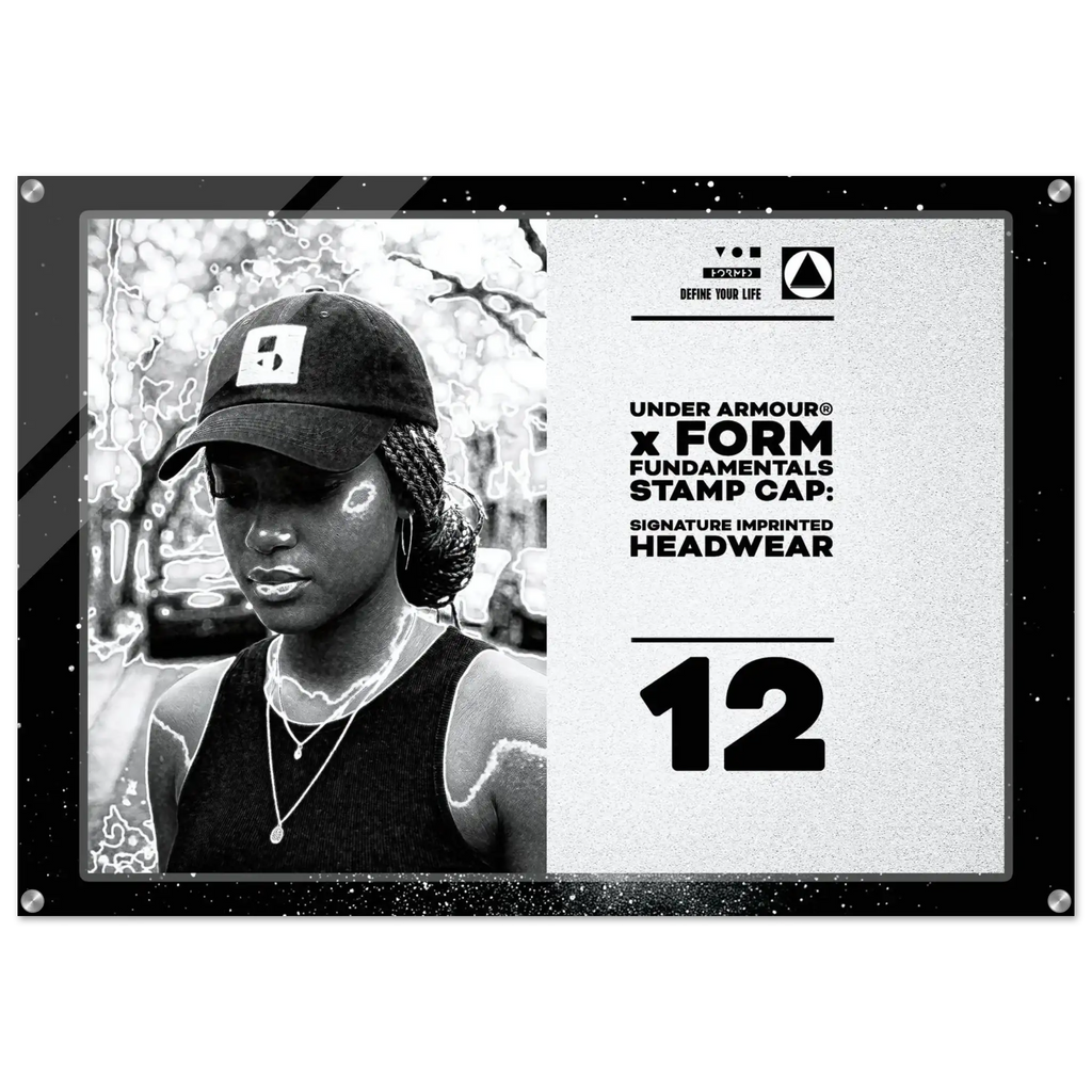 A black and white promotional graphic for an Under Armour x Form Fundamentals stamp cap, featuring a grayscale portrait of a woman wearing a cap on the left and product text including 'SIGNATURE IMPRINTED HEADWEAR' and the number 12 on the right.