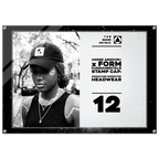 A black and white promotional graphic for an Under Armour x Form Fundamentals stamp cap, featuring a grayscale portrait of a woman wearing a cap on the left and product text including 'SIGNATURE IMPRINTED HEADWEAR' and the number 12 on the right.