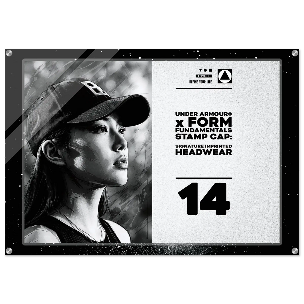 A rectangular acrylic or glass stamp cap plaque featuring a black-and-white portrait of a woman wearing a cap on the left, with product text on the right including 'UNDER ARMOUR x FORM FUNDAMENTALS STAMP CAP' and the number 14.