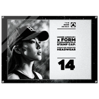 A rectangular acrylic or glass stamp cap plaque featuring a black-and-white portrait of a woman wearing a cap on the left, with product text on the right including 'UNDER ARMOUR x FORM FUNDAMENTALS STAMP CAP' and the number 14.