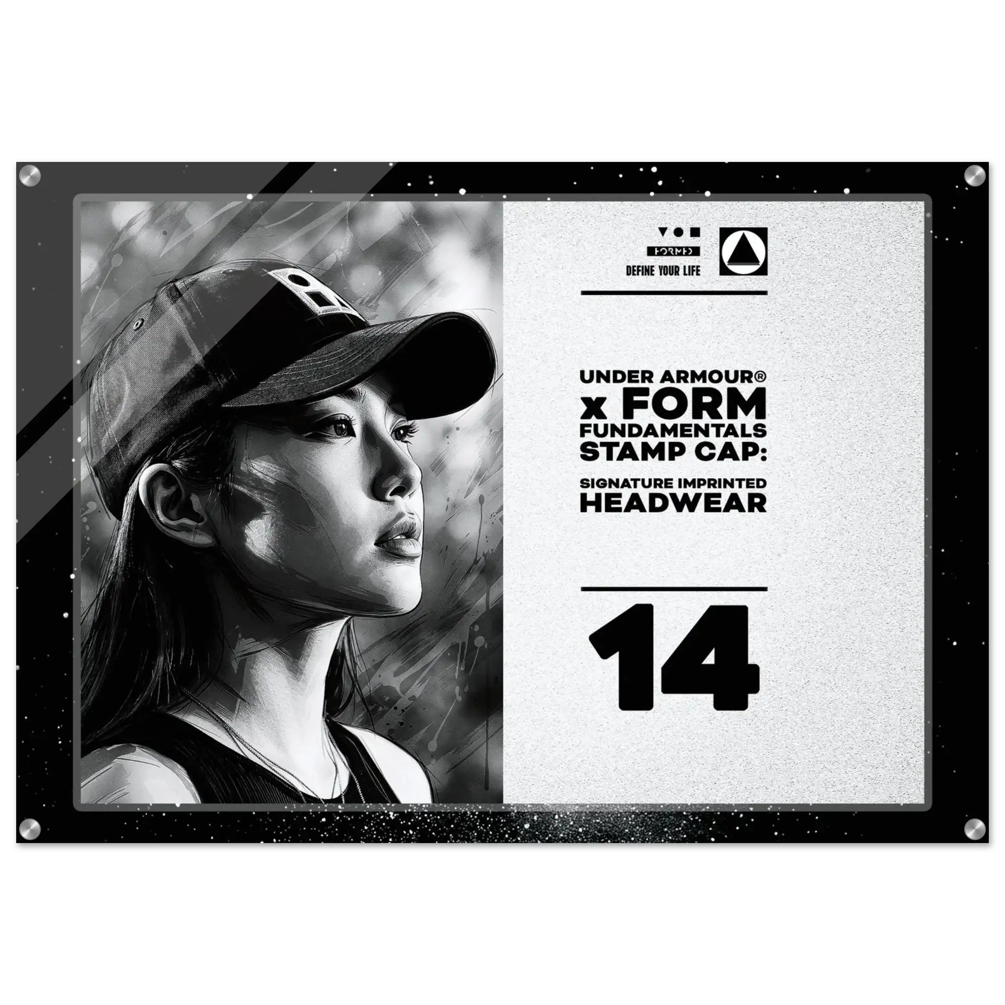 A rectangular acrylic or glass stamp cap plaque featuring a black-and-white portrait of a woman wearing a cap on the left, with product text on the right including 'UNDER ARMOUR x FORM FUNDAMENTALS STAMP CAP' and the number 14.