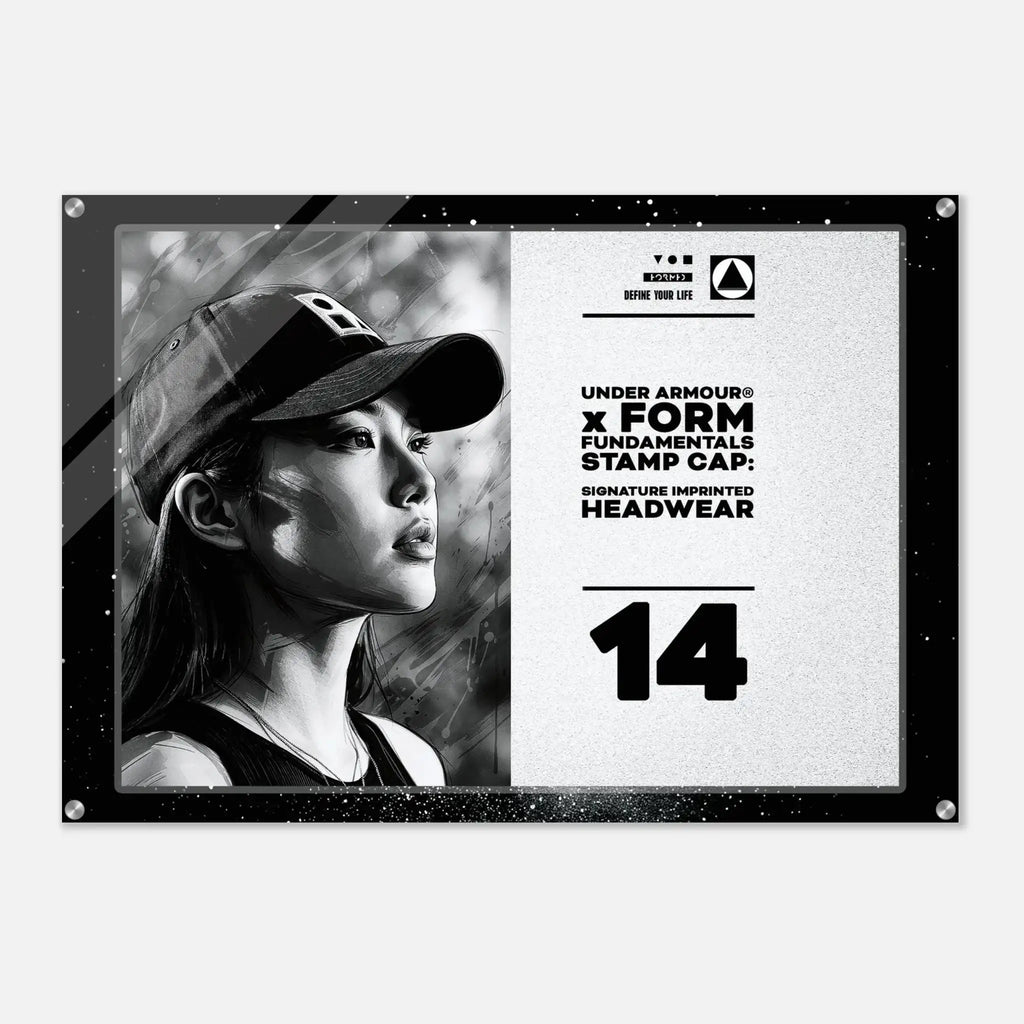 A rectangular Under Armour x Form Fundamentals Stamp Cap graphic print or decal featuring a black-and-white portrait of a woman in a cap on the left and white text on the right, including 'UNDER ARMOUR x FORM FUNDAMENTALS STAMP CAP' and the number 14.