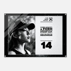 A rectangular Under Armour x Form Fundamentals Stamp Cap graphic print or decal featuring a black-and-white portrait of a woman in a cap on the left and white text on the right, including 'UNDER ARMOUR x FORM FUNDAMENTALS STAMP CAP' and the number 14.