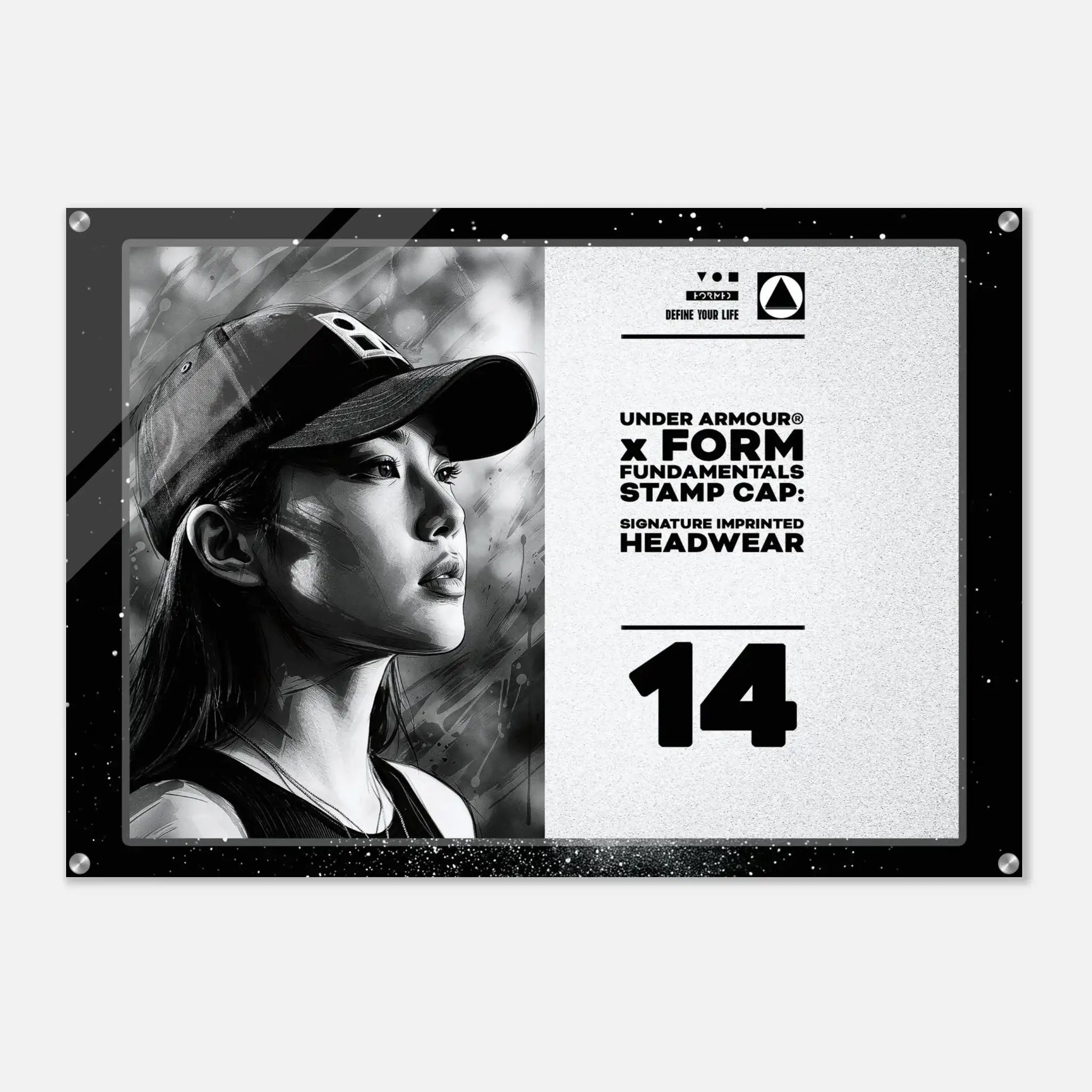 A rectangular Under Armour x Form Fundamentals Stamp Cap graphic print or decal featuring a black-and-white portrait of a woman in a cap on the left and white text on the right, including 'UNDER ARMOUR x FORM FUNDAMENTALS STAMP CAP' and the number 14.