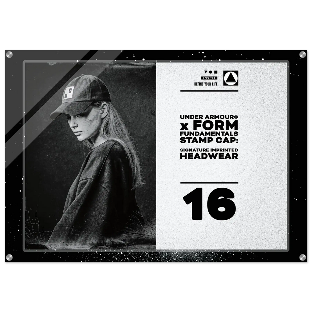 A rectangular branded headwear display plaque featuring a black-and-white photo of a woman wearing a cap on the left and printed text on the right. Visible branding includes Under Armour and Form, with the text 'Signature Imprinted Headwear' and the number 16.