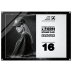 A rectangular branded headwear display plaque featuring a black-and-white photo of a woman wearing a cap on the left and printed text on the right. Visible branding includes Under Armour and Form, with the text 'Signature Imprinted Headwear' and the number 16.