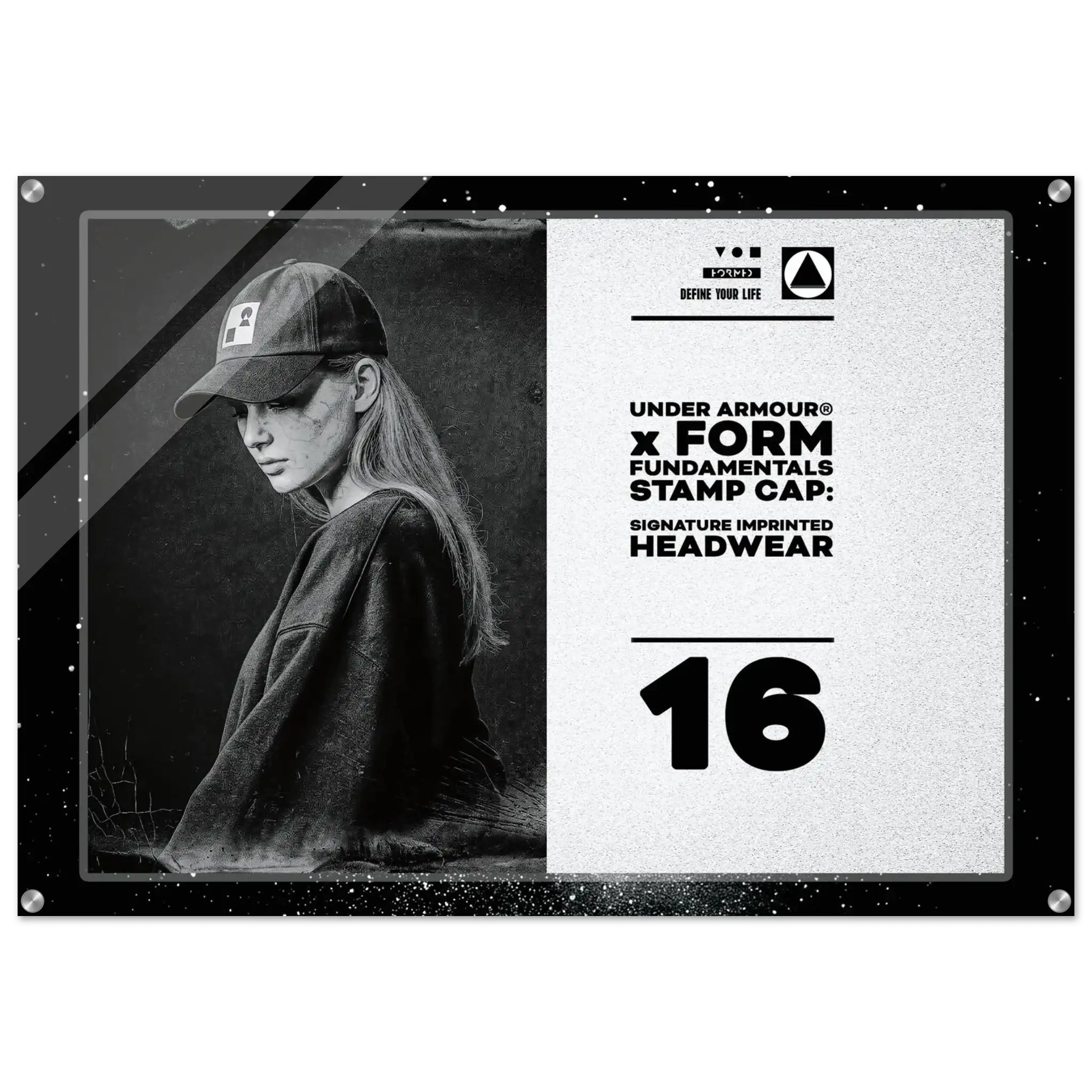 A rectangular branded headwear display plaque featuring a black-and-white photo of a woman wearing a cap on the left and printed text on the right. Visible branding includes Under Armour and Form, with the text 'Signature Imprinted Headwear' and the number 16.
