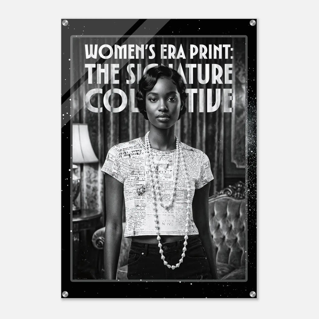 Poster with a woman wearing a printed shirt and pearls, with text 'Women's Era Print: The Signature Collective' on a black background.