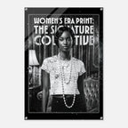 Poster with a woman wearing a printed shirt and pearls, with text 'Women's Era Print: The Signature Collective' on a black background.