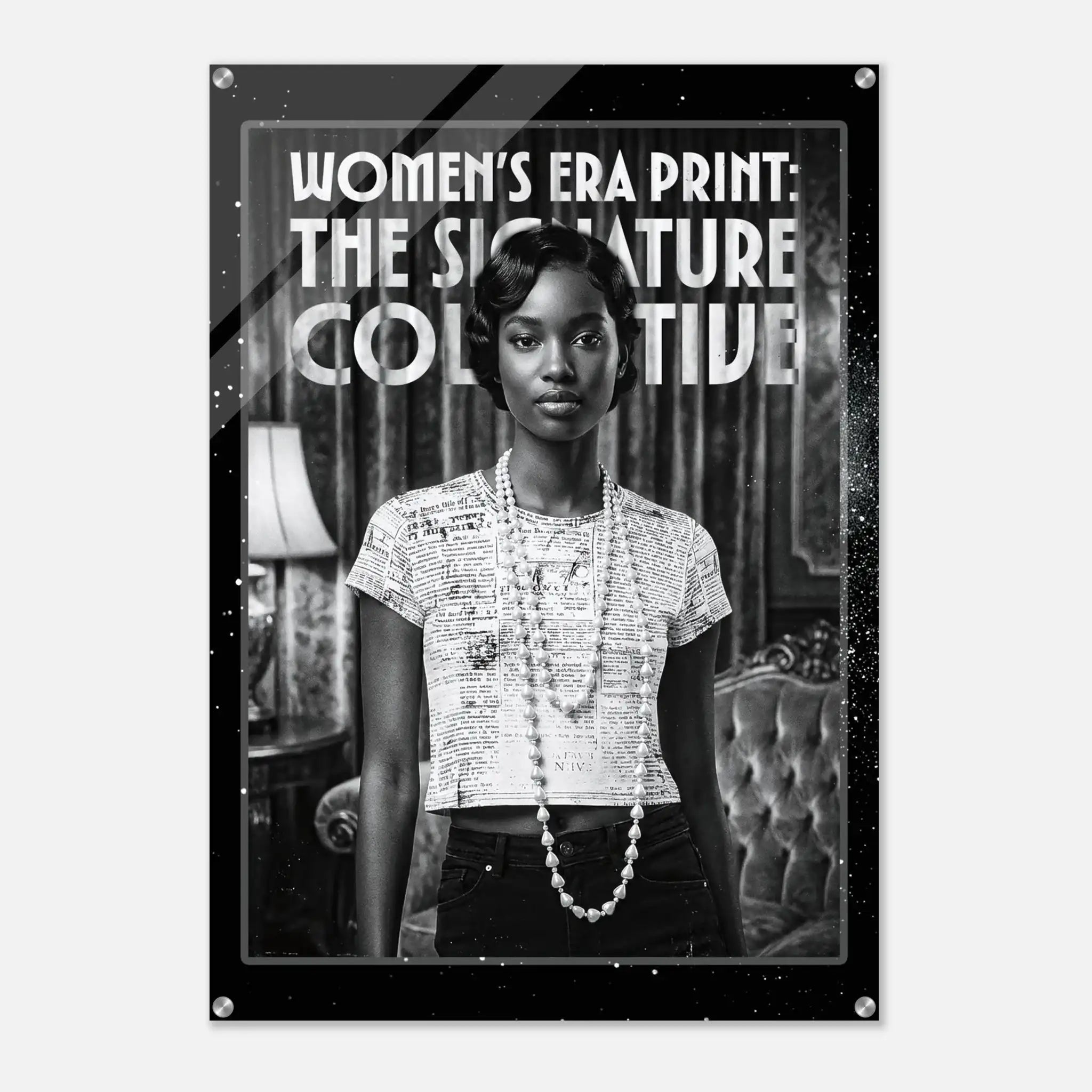 Poster with a woman wearing a printed shirt and pearls, with text 'Women's Era Print: The Signature Collective' on a black background.
