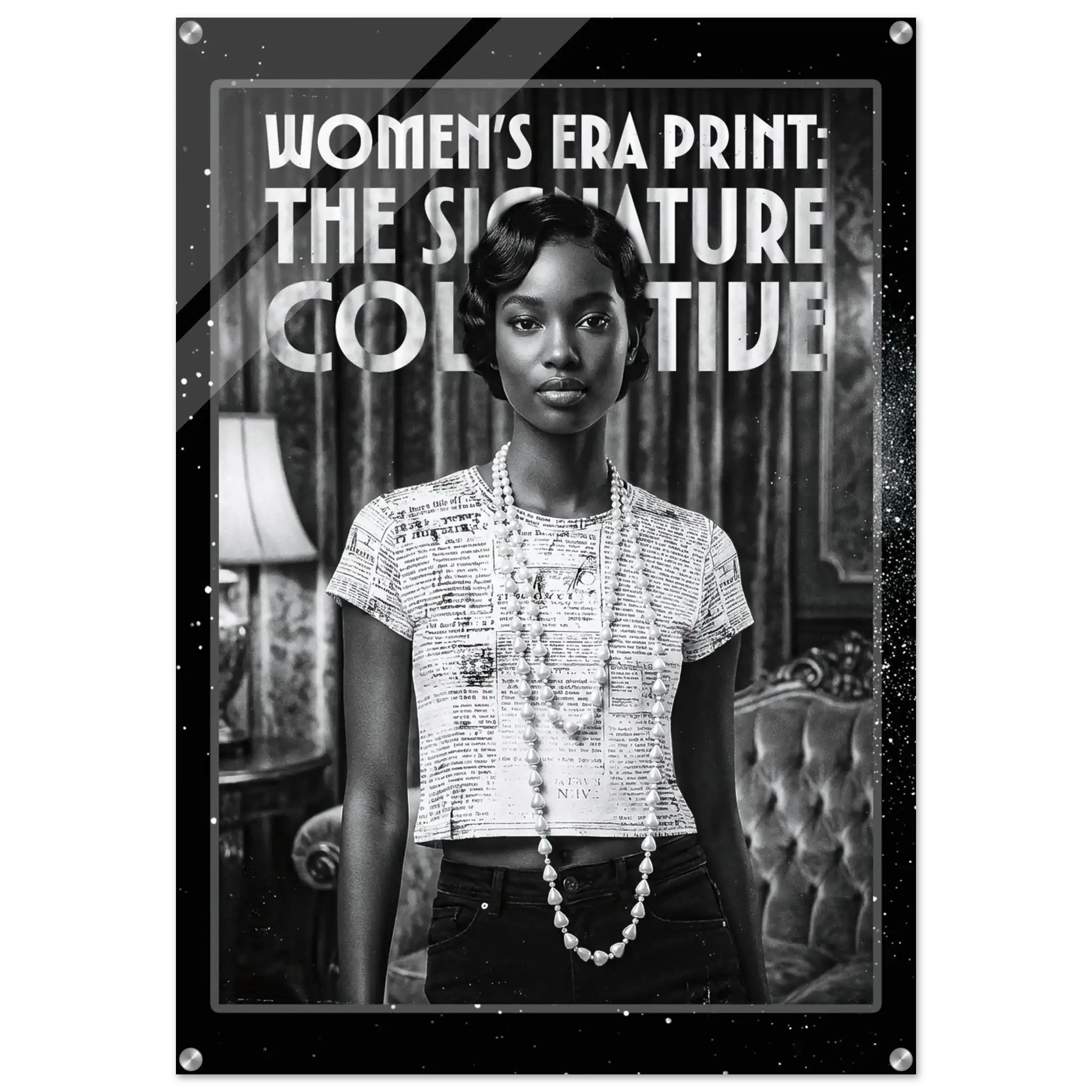 Woman wearing a shirt with text print in a room with a lamp and chair.