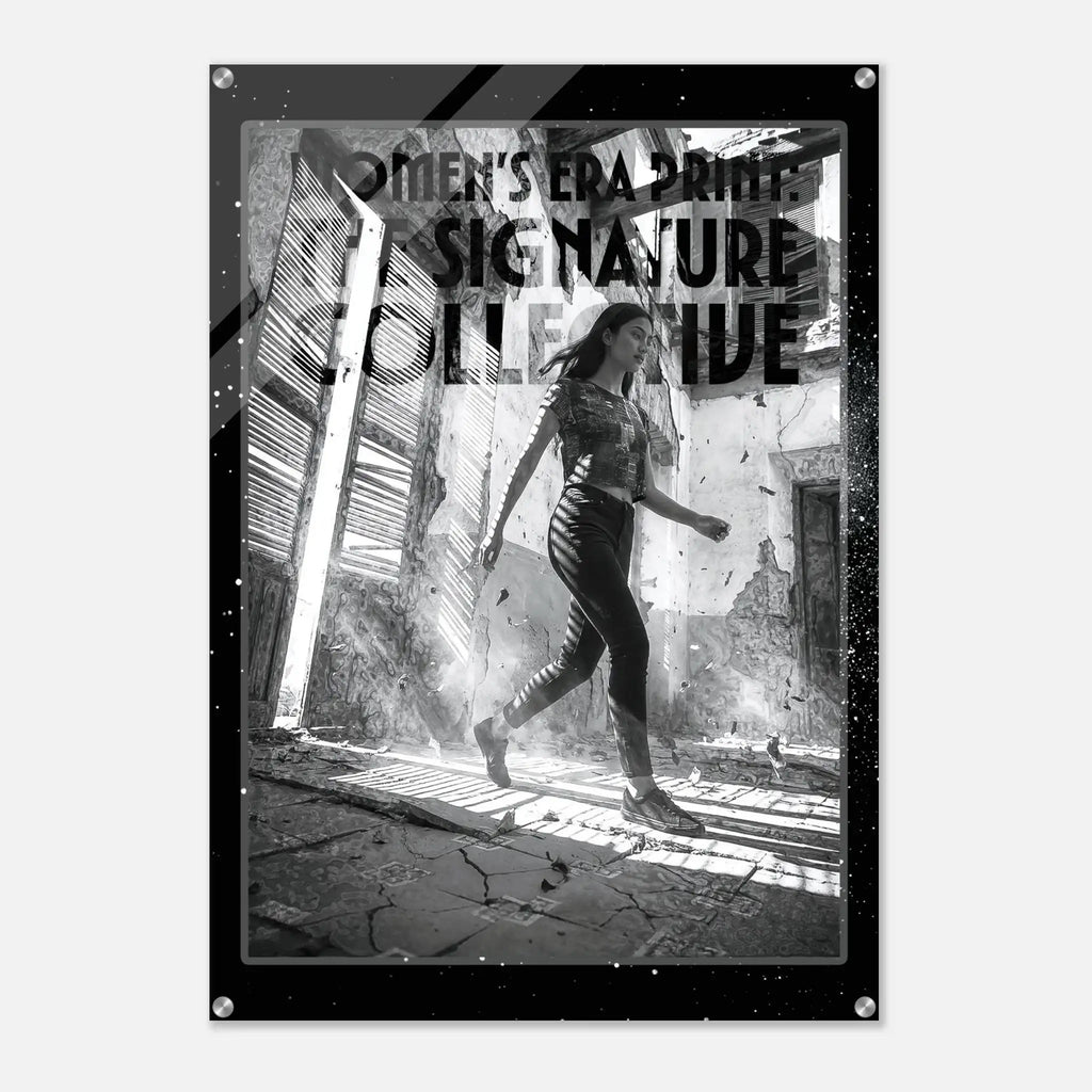 Black and white poster of a woman walking through a doorway with text about the Women's Era Print Signature Collection.