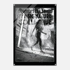 Black and white poster of a woman walking through a doorway with text about the Women's Era Print Signature Collection.