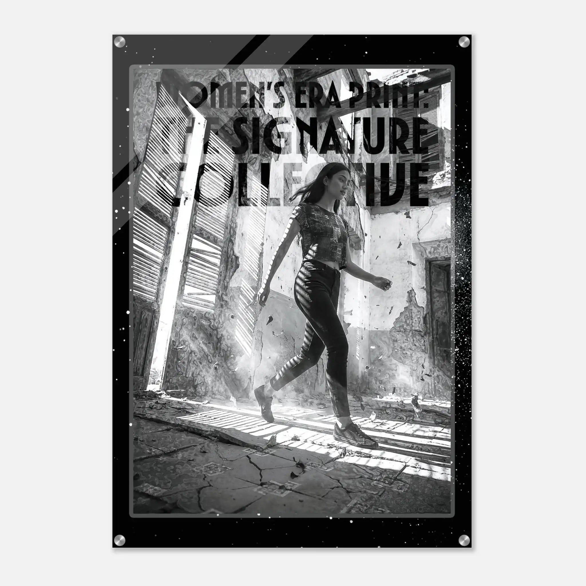Black and white poster of a woman walking through a doorway with text about the Women's Era Print Signature Collection.