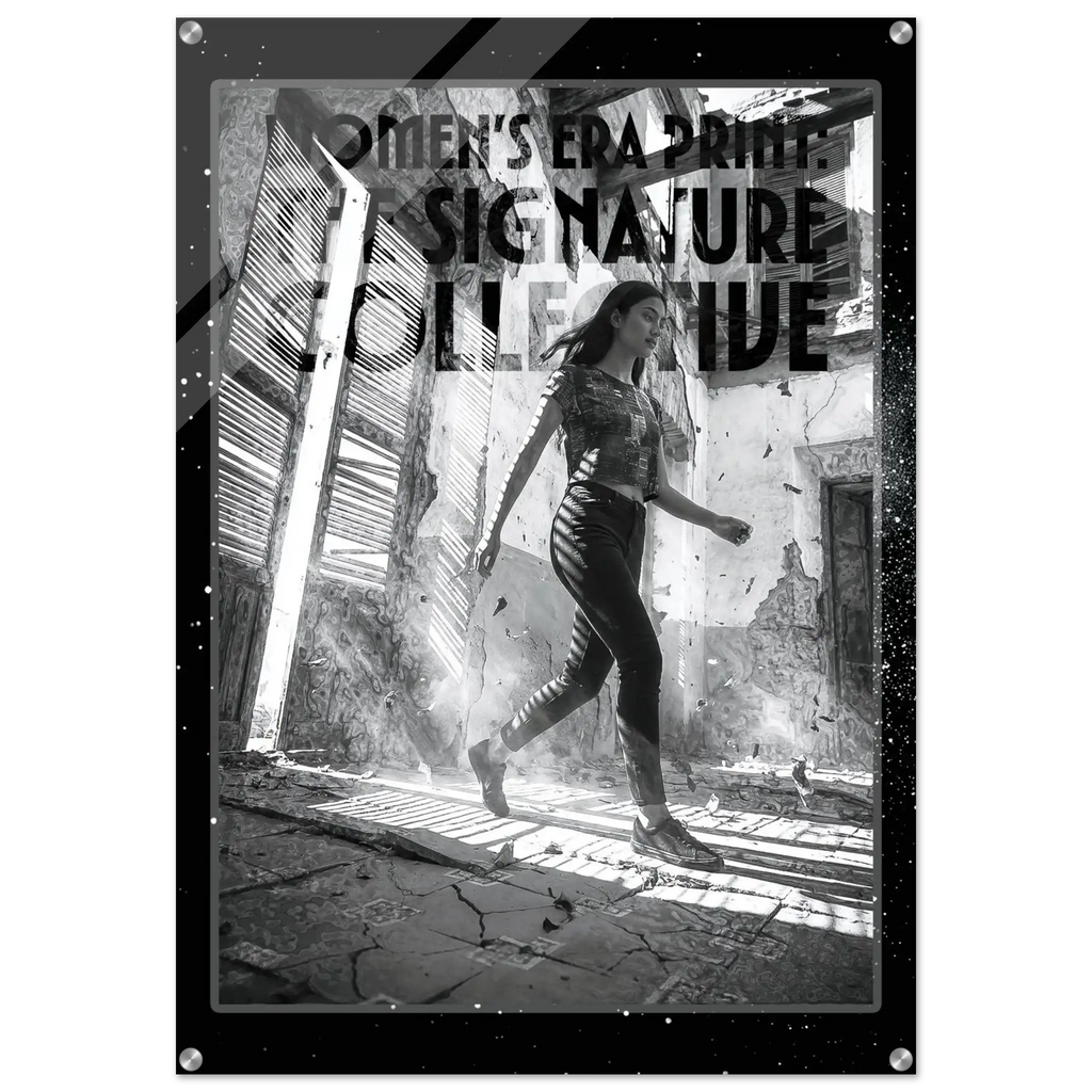 Poster of a woman walking through a dilapidated building with text overlay.
