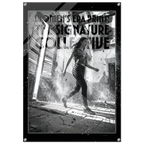 Poster of a woman walking through a dilapidated building with text overlay.