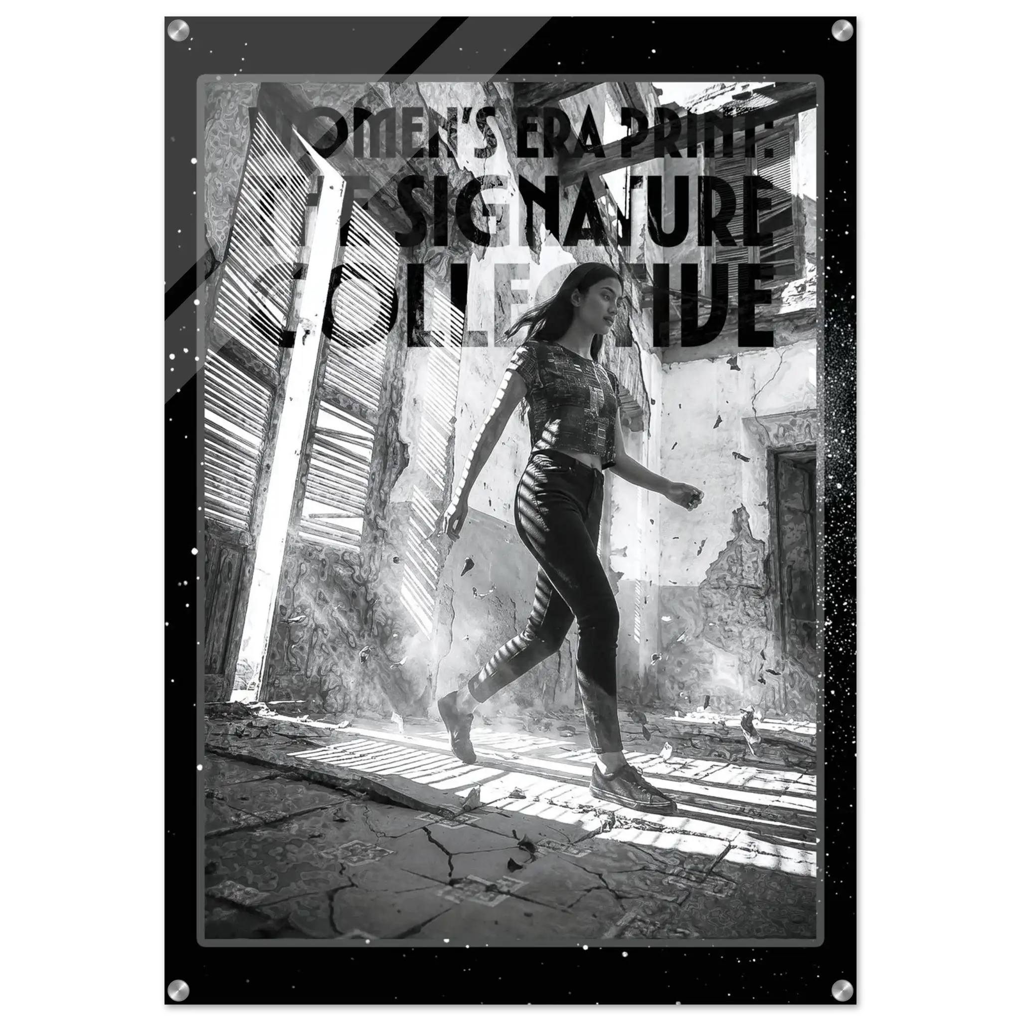 Poster of a woman walking through a dilapidated building with text overlay.
