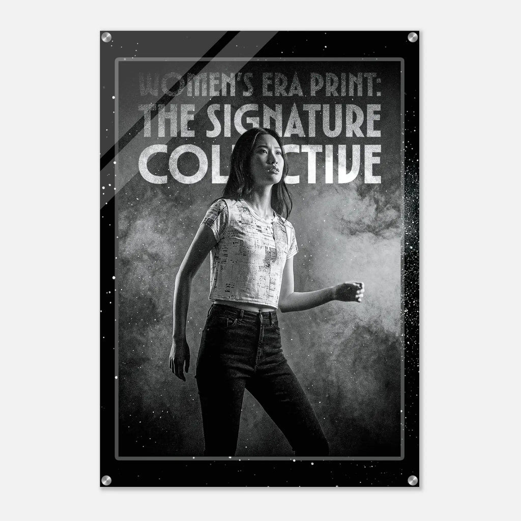 Poster with a woman standing against a starry background and text 'Women's Era Print: The Signature Collective'.