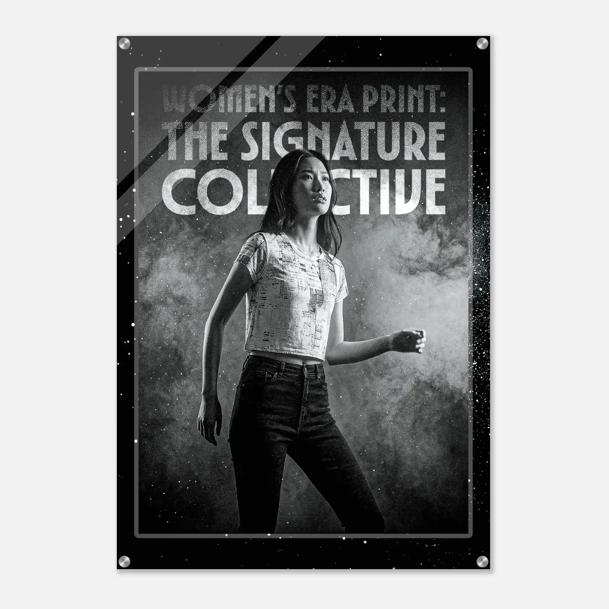 Poster with a woman standing against a starry background and text 'Women's Era Print: The Signature Collective'.