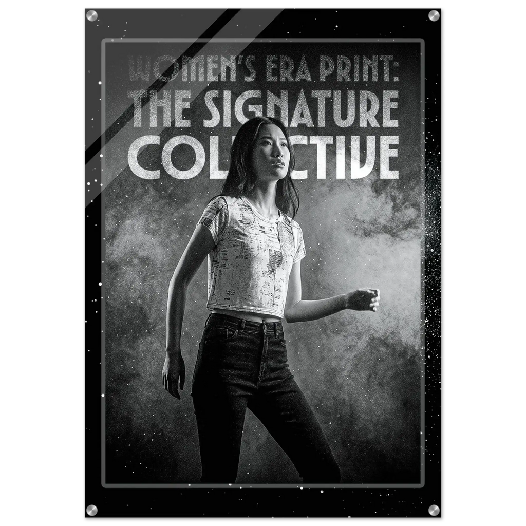 Poster with a woman in a white top and dark pants against a gray background, featuring text about 'Women's Era Print: The Signature Collective'.