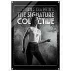 Poster with a woman in a white top and dark pants against a gray background, featuring text about 'Women's Era Print: The Signature Collective'.