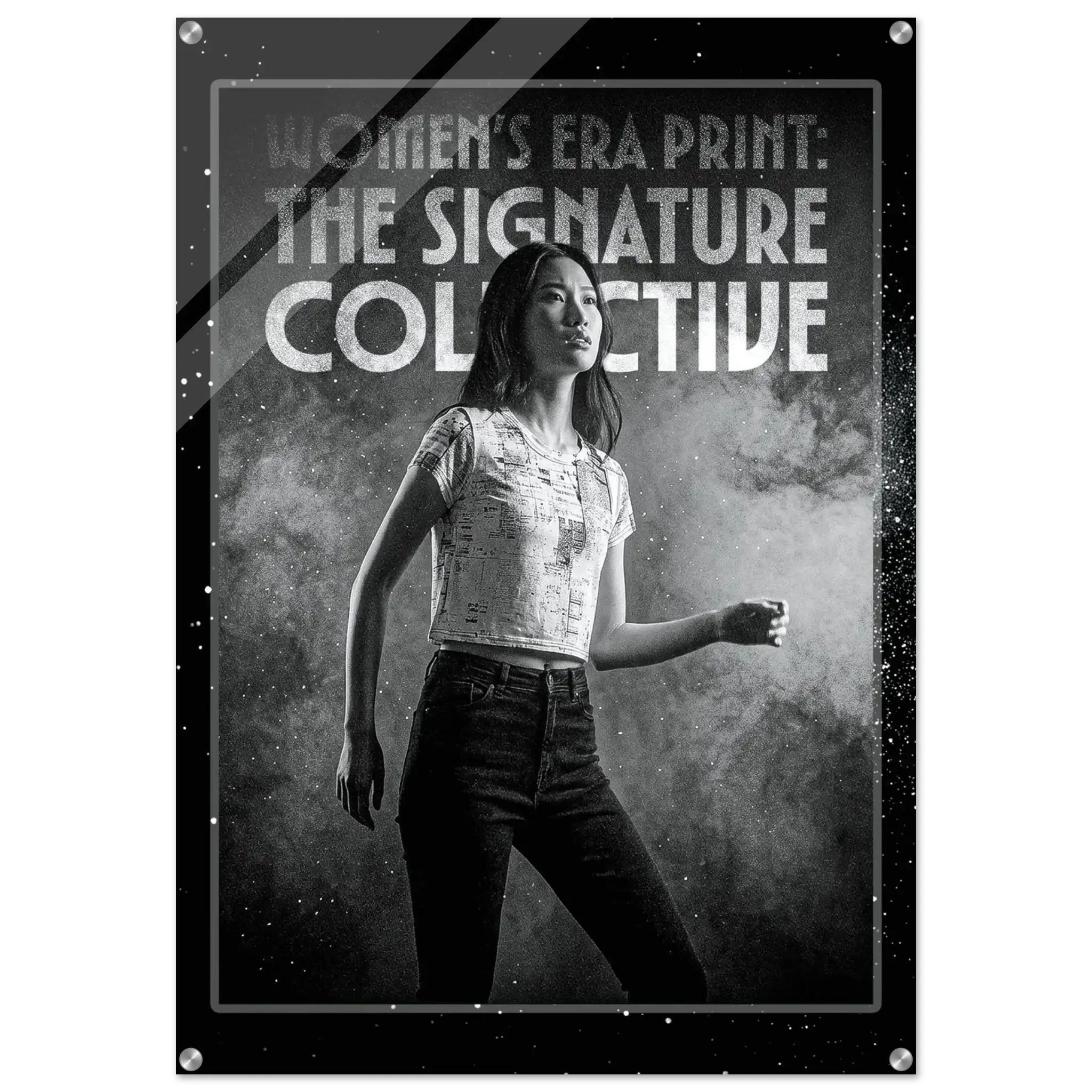 Poster with a woman in a white top and dark pants against a gray background, featuring text about 'Women's Era Print: The Signature Collective'.