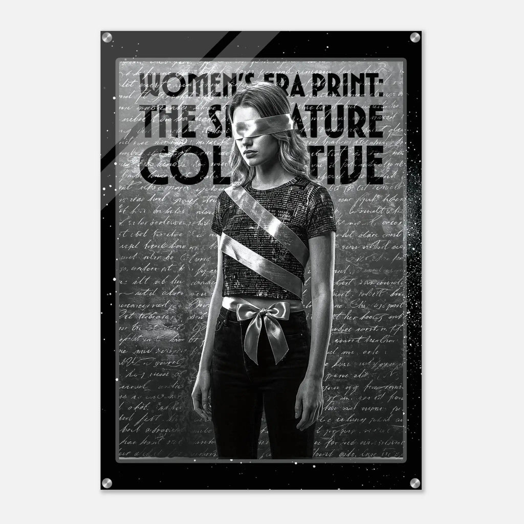 Poster with a woman in a dress and sash against a text-filled background, featuring the text 'Women's Era Print: The Signature Collective'.