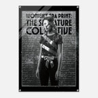 Poster with a woman in a dress and sash against a text-filled background, featuring the text 'Women's Era Print: The Signature Collective'.