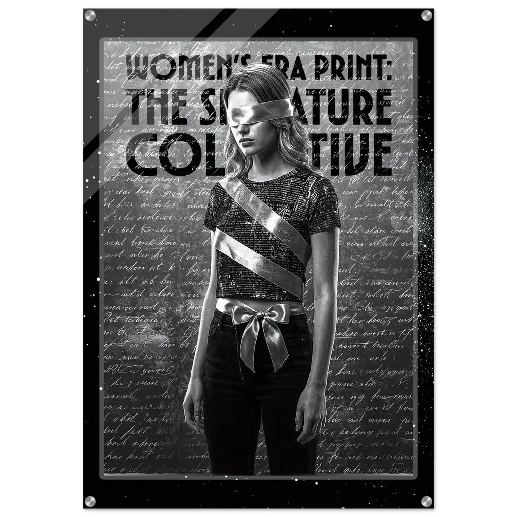 Poster with a woman wearing a sash against a text-filled background