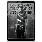 Poster with a woman wearing a sash against a text-filled background