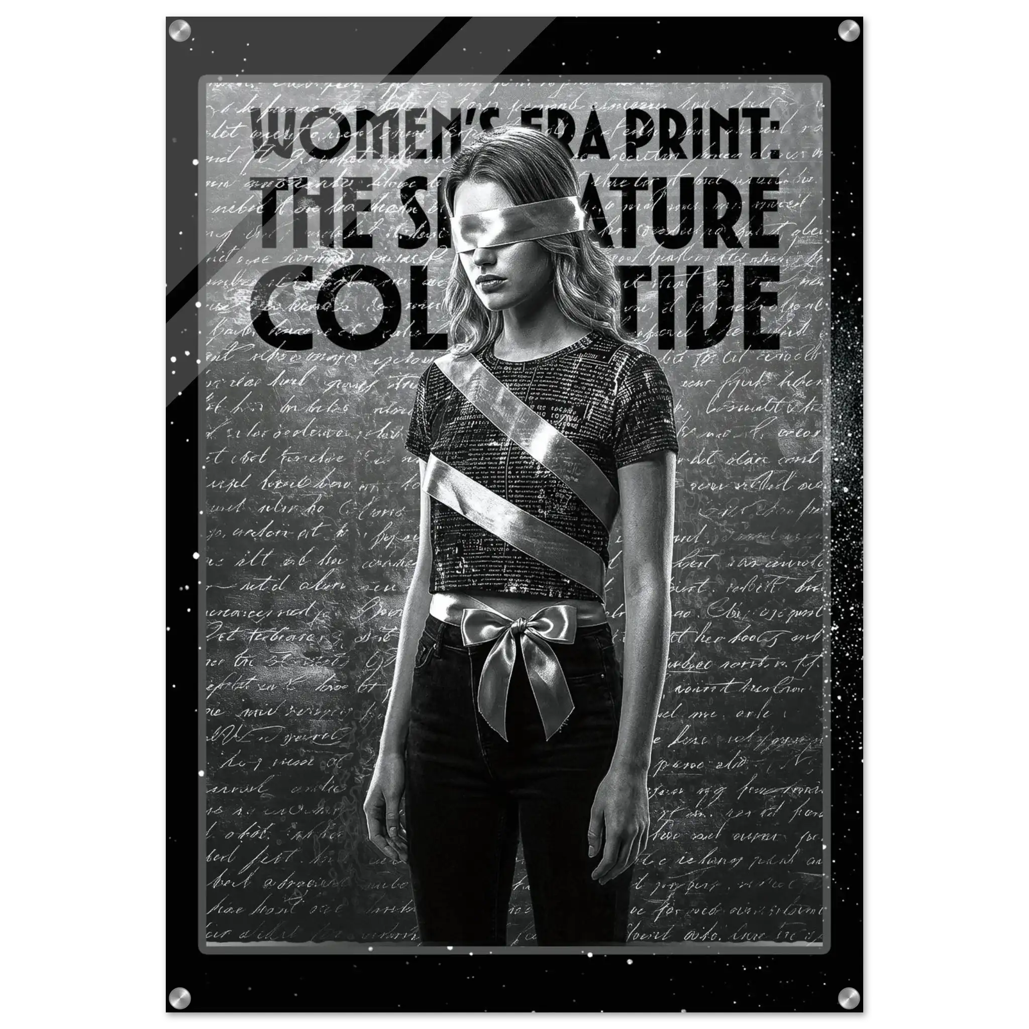 Poster with a woman wearing a sash against a text-filled background