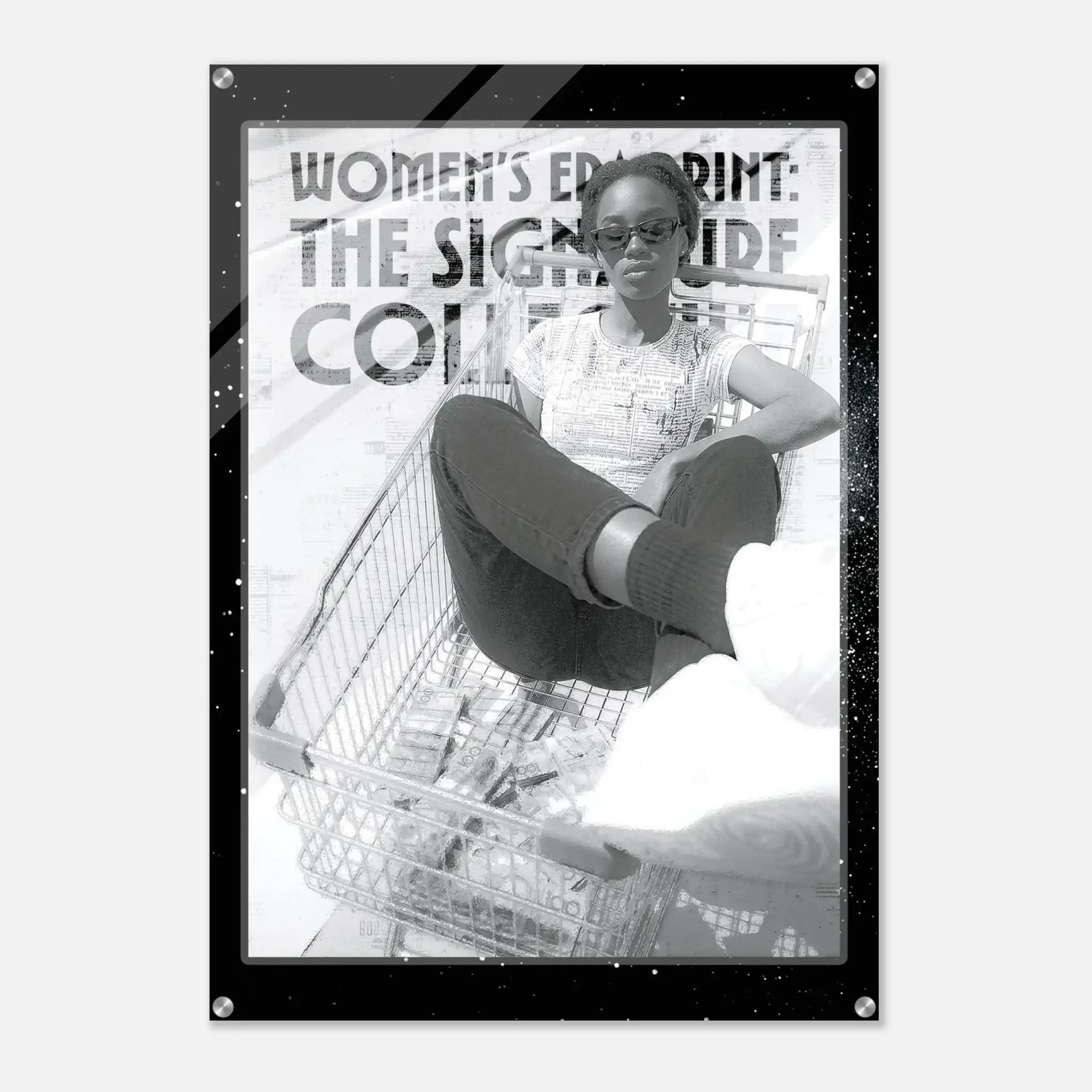 Person sitting in a shopping cart with text about women's empowerment on a poster.