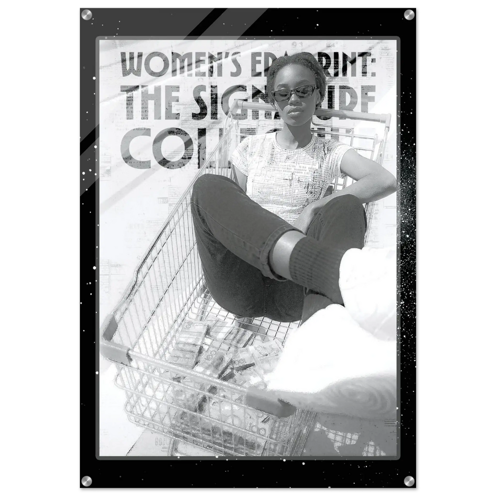 Person sitting in a shopping cart with text overlay on a white background