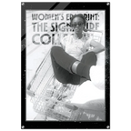 Person sitting in a shopping cart with text overlay on a white background