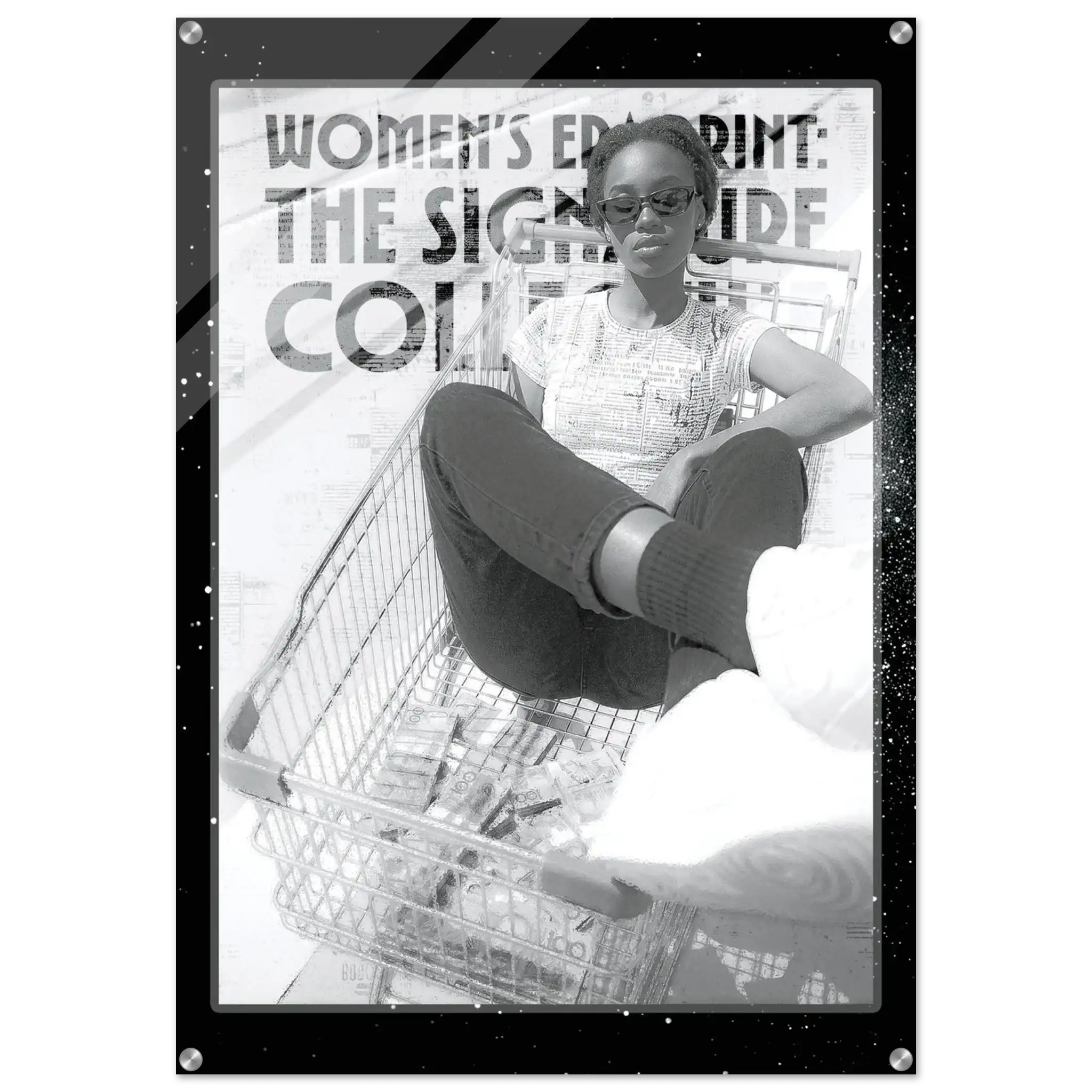 Person sitting in a shopping cart with text overlay on a white background