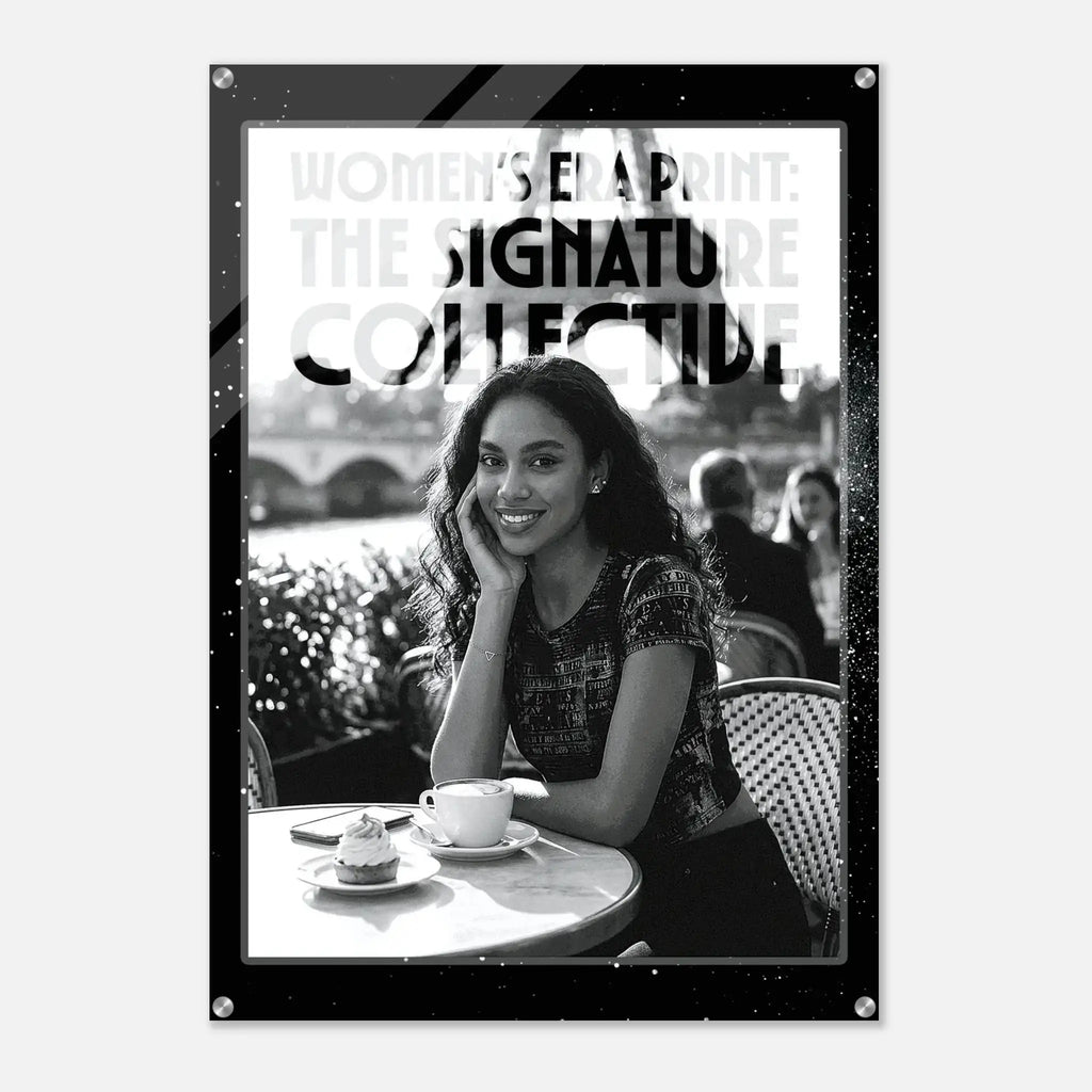 Poster with a woman sitting at an outdoor cafe table, featuring text about 'The Signature Collective'.