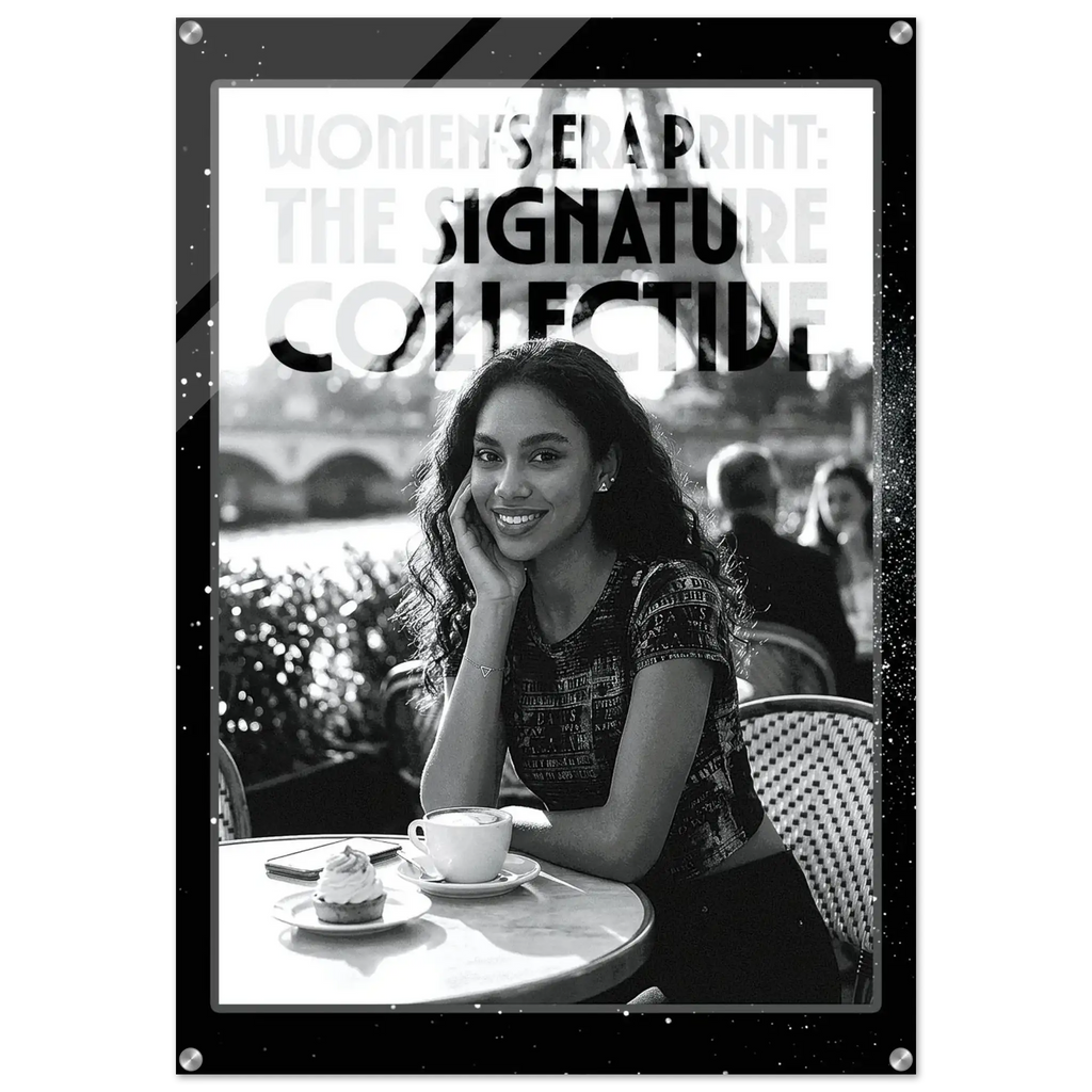 Woman sitting at a table with a cup of coffee and a dessert, with 'The Signature Collective' branding.