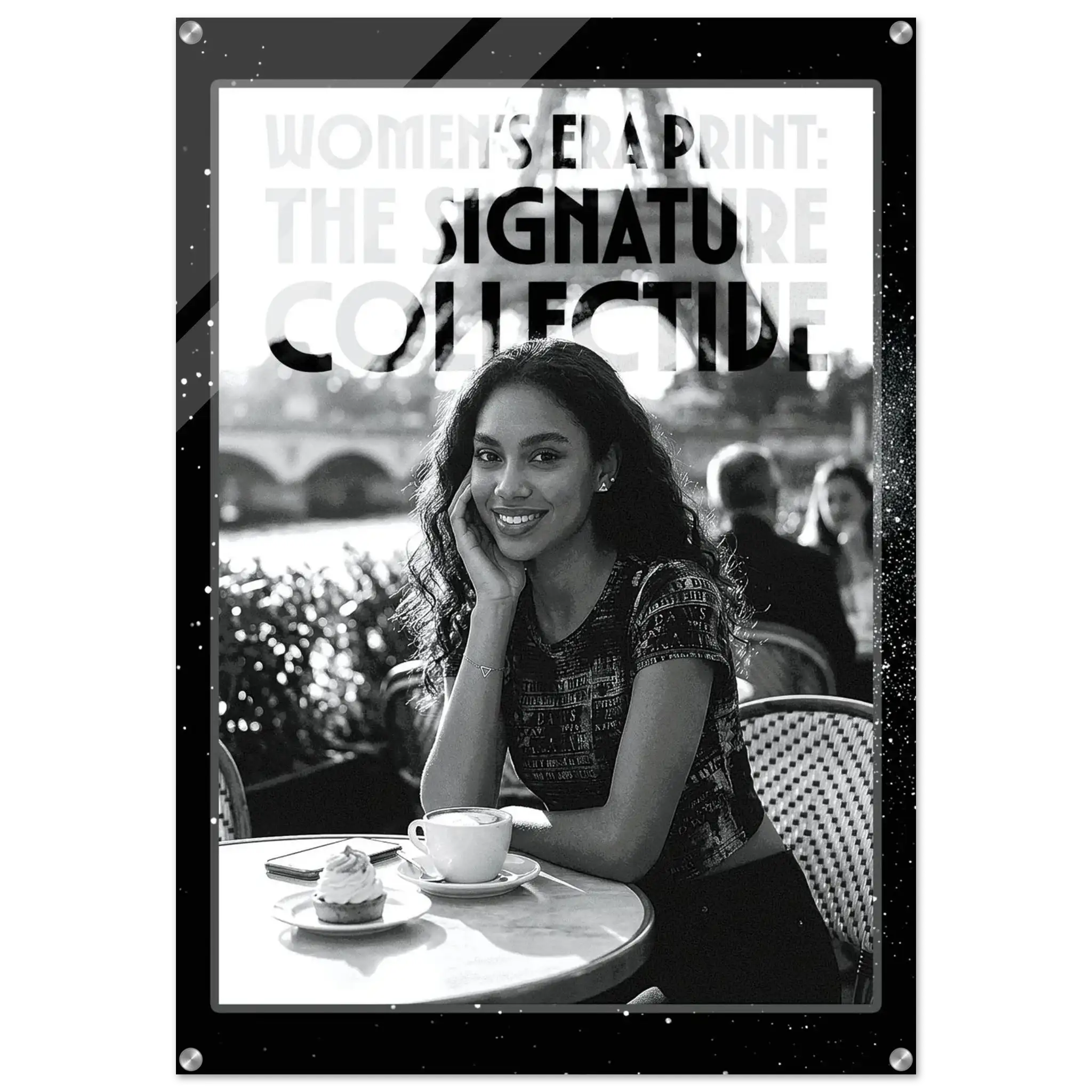 Woman sitting at a table with a cup of coffee and a dessert, with 'The Signature Collective' branding.