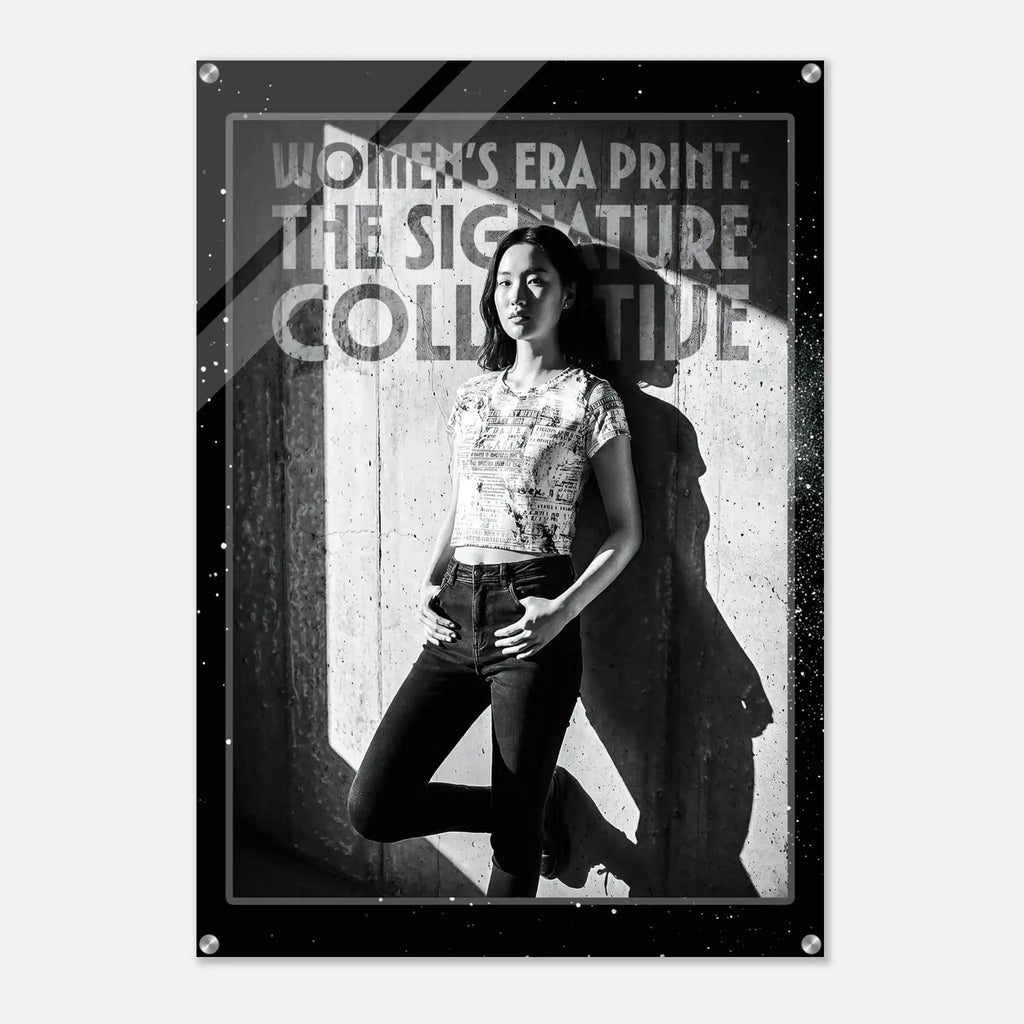 Poster with a woman standing against a textured wall, featuring text about 'Women's Era Print'.