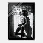 Poster with a woman standing against a textured wall, featuring text about 'Women's Era Print'.