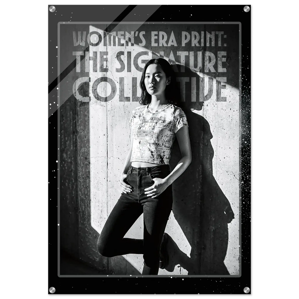 Woman standing against a textured wall with text overlay on a black border
