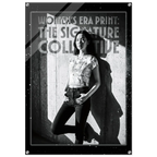 Woman standing against a textured wall with text overlay on a black border