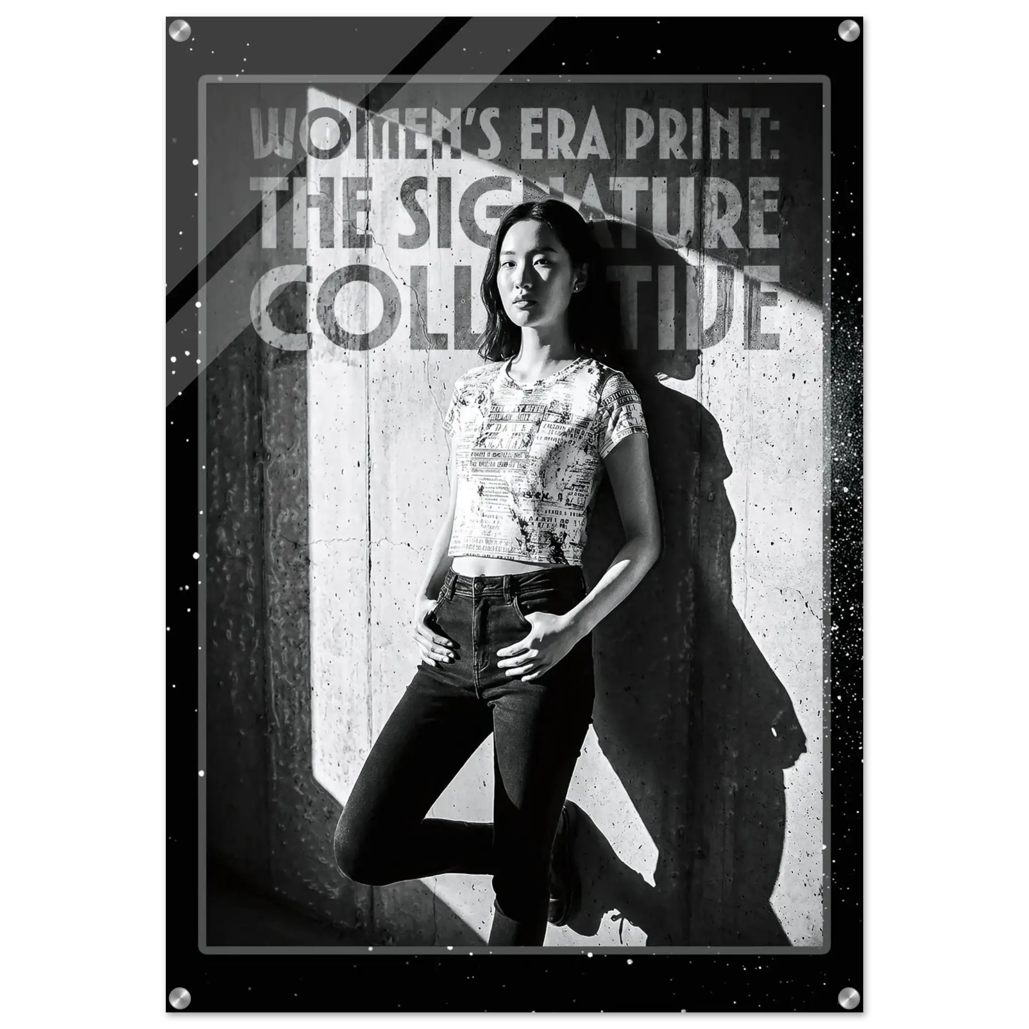 Woman standing against a textured wall with text overlay on a black border