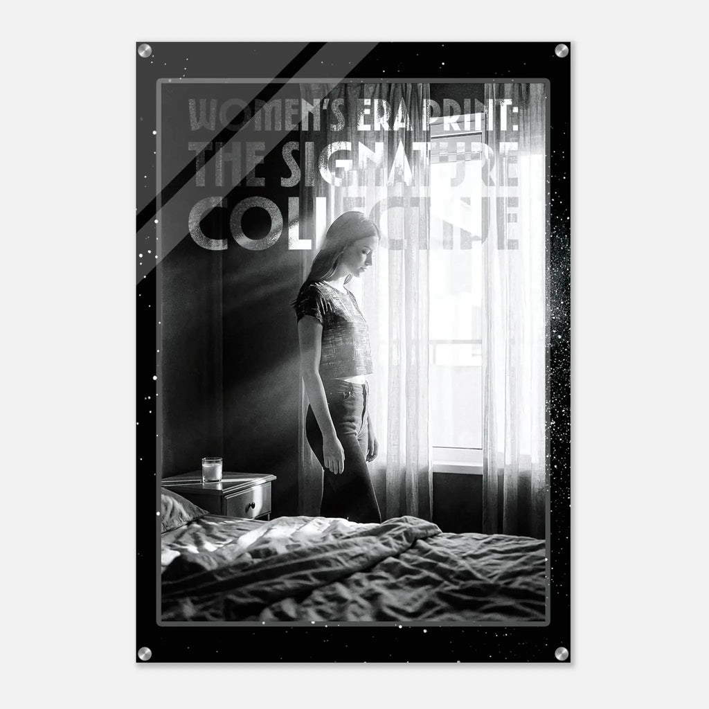 Poster of a woman standing by a window with text about 'Women's Era Print' and 'The Signature Collection'.